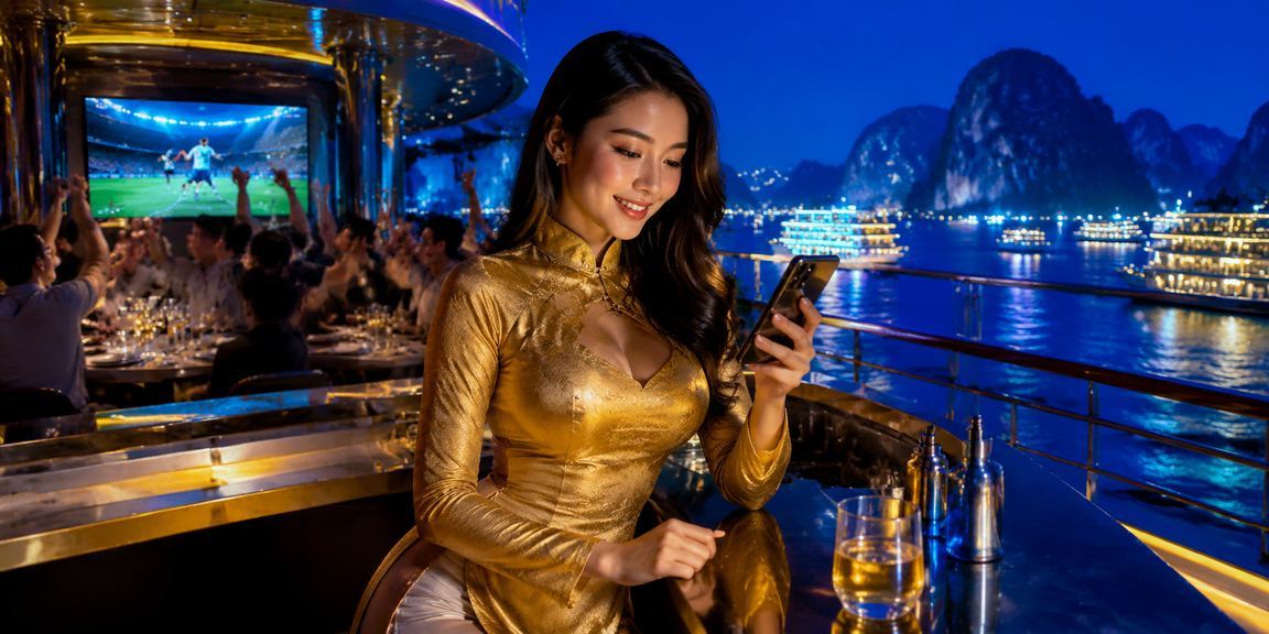 Người dùng tại Hạ Long truy cập casino mobile trên điện thoại Android với trang phục áo dài truyền thống